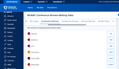 NCAAF 2023 Southeastern Conference Betting Odds