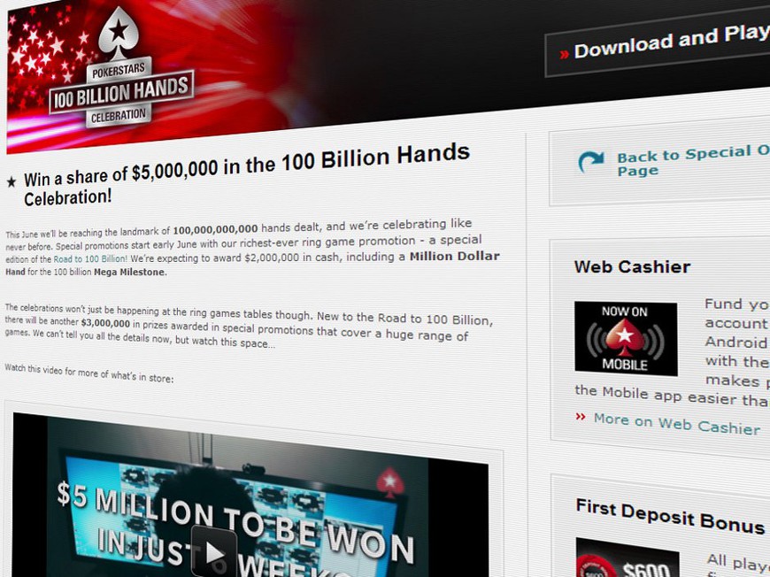 $5 Million To be Awarded in 100 Billionth Hand Promo on PokerStars