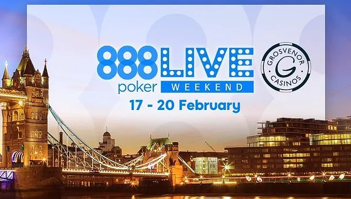 888poker London Live Weekend promo image: photo of skyline with London bridge & event logo with dates, Feb 17 - 20 and venue, Grosvenor Casino. The tournament returns for second time this year, includes a special knockout SNG with Chris Eubank Jr