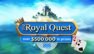 promo image for 888poker's Royal Quest poker promotion. a challenges-based promo where online poker players can win entries into daily, weekly, and monthly freerolls for a shot at winning a piece of the 500k in total prizes.