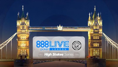 888poker London Live Weekend promo image: photo of skyline with London bridge & event logo & Grosvenor Casino logo. The exciting live poker action returns the the VIC, this time as a high roller festival.