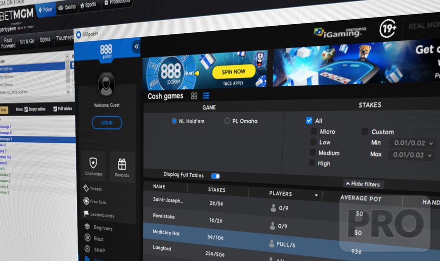 Screenshots of 888Poker Ontario and BetMGM Poker Ontario online poker platforms displaying tournaments and concurrent cash games.