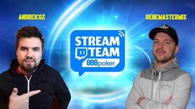 Promo image for the 2 newest streamers on 888poker's Twitch Team: a blue background with the stream team logo. On the left, Germany’s Rene “renemastermix” Majed and on the right, Andrei “andreicoz” Cosmin from Romania.
