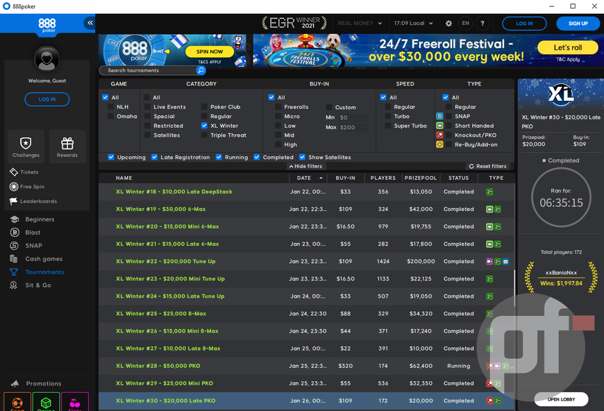 Screenshot of 888Poker online poker platform displaying discounted upcoming poker tournaments and events in its XL Winter Series, which has already awarded $1 million in prizes so far.