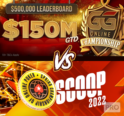 Promo Images for GGPoker's Spring Championship & PokerStars SCOOP with a VS in the middle. Global leader GGPoker takes on PokerStars' SCOOP with its own Online Championship tournament series brand and with twice the guarantee of its rival.