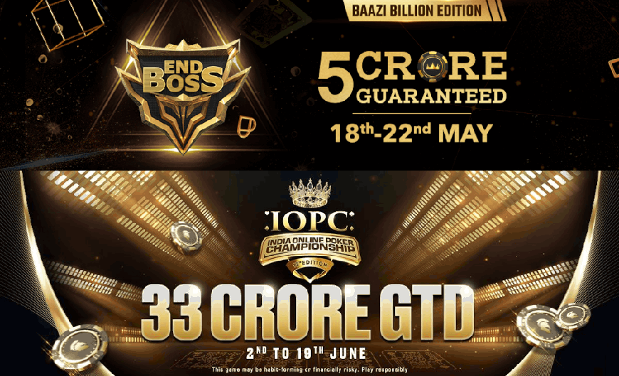 split image with promo image for PokerBaazi's End Boss 2022 tournament on top and promo image for Spartan Poker's IOPC 2022 on the bottom