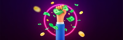 vector illustration of a hand raised holding money in front of a glowing neon pick circle, suggesting victory or winning an online casino tournament.