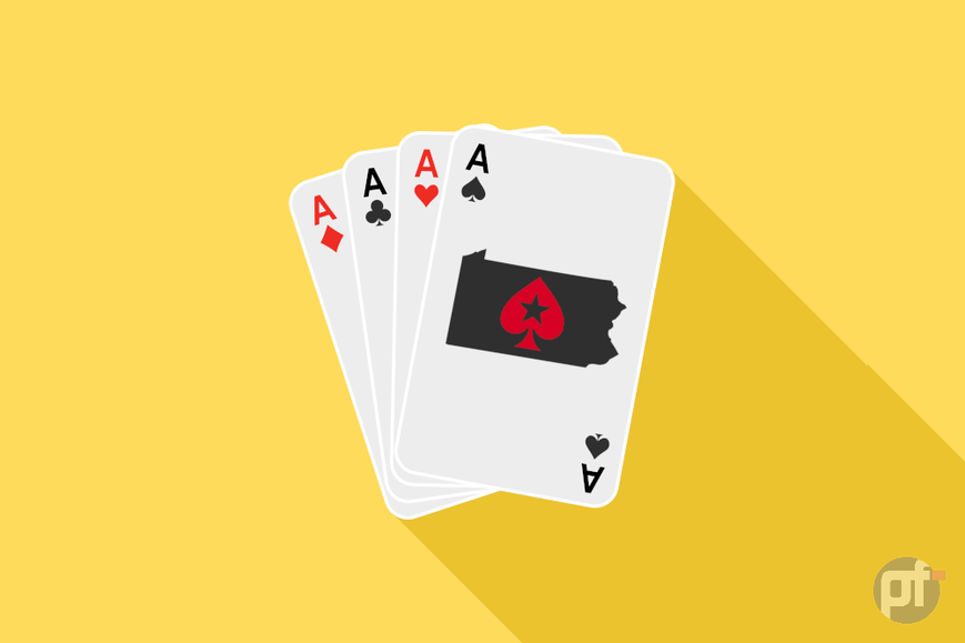 illustration of 4 aces playing cards fanned out. the top card is an ace of spades and on the card is the shape of the state of pennsylvania with the pokerstars logo in the middle.