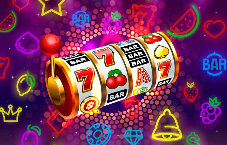 3d rendering of slot machine reels spinning with various slot machine icons including bars, fruits, 7's, etc surround it in the background.