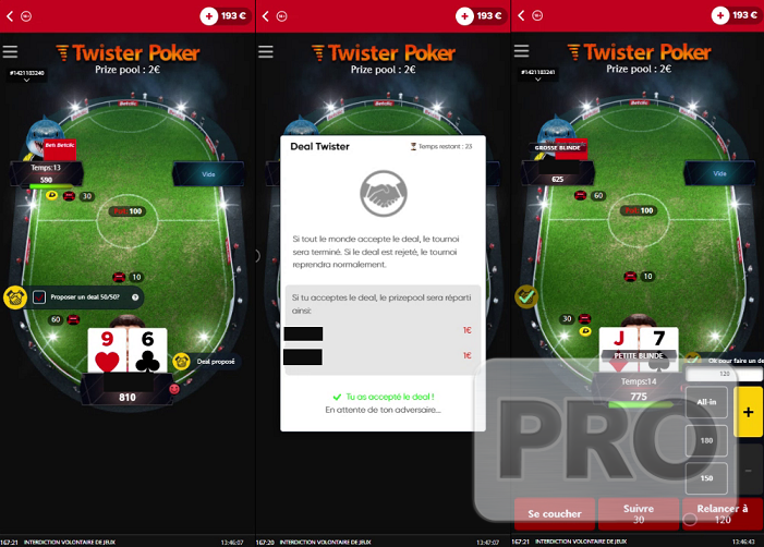 Screenshot of Twister Poker game with Deal Twister pop-up offering 50/50 split. Operating under the iPoker network, Betclic is the only active poker room in the industry to add an automated dealing feature to its lottery-style sit & go product.