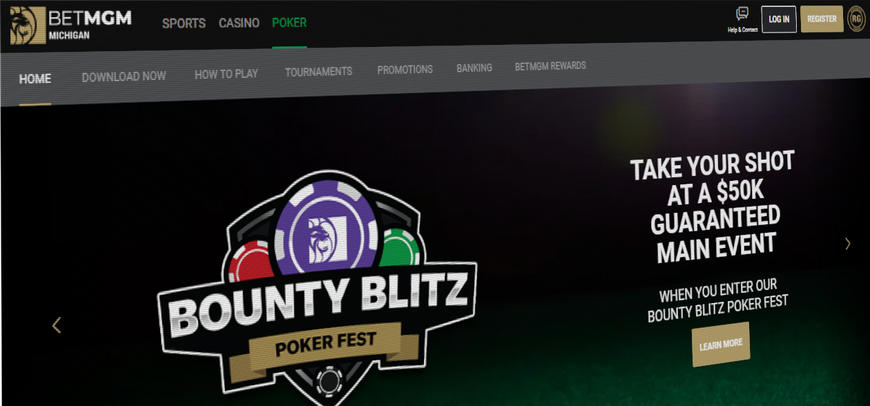 Screenshot of BetMGM website showing an advertisement for the Bounty Blitz Tournament Series. The series will feature 24 knockout tournaments across MI, NJ, PA with nearly $750,000 in guaranteed prize pools and massive Main Events.