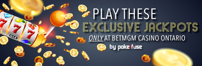 slot machine reels and coins flying through space on a grey background. on the right side, text reads "Play These Exclusive Jackpots Only at BetMGM Casino Ontario - by pokerfuse" in white lettering with a whimsical casino-style font.
