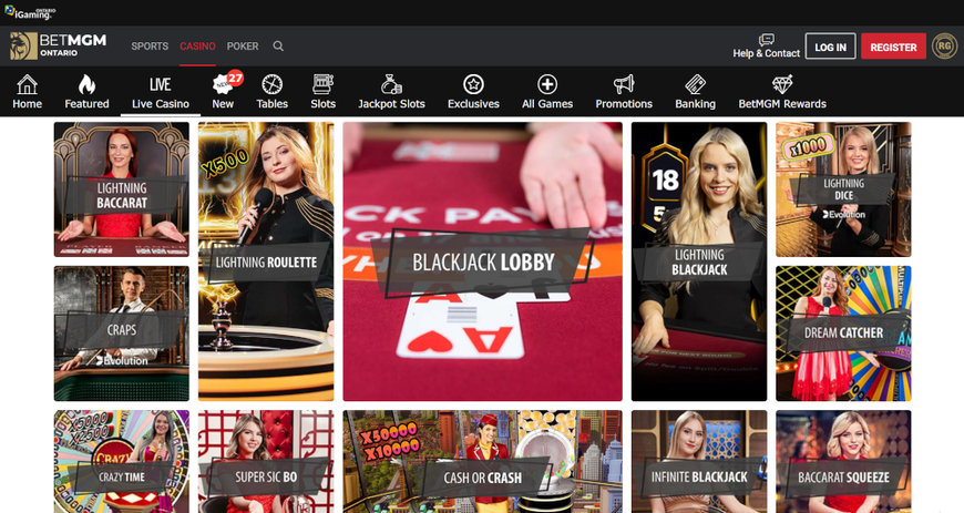 Screenshot of the BetMGM Casino Ontario live dealer lobby, showing new live dealer games. Six blackjack tables will broadcast live from new studio in Europe. BetMGM Casino Ontario also adds 108 new slot and video table games to its list of offerings.