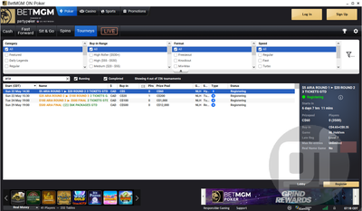 Screenshot of the BetMGM Poker Ontario lobby, showing step satellites for ARIA Poker Championship shown, starting at $5. Ontario online poker players get a shot at winning a $6000 package to the 2022 ARIA Poker Championship in Las Vegas