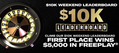 Image advertising BetMGM Casino PA's $10K Weekend Leaderboards promo, inviting players to "climb our leaderboard. first place wins $5,000 in FREEPLAY". the table games leaderboard promo runs every weekend fri-sun until december 25, 2022.