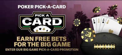 Promo image for BetMGM Poker USA's Pick-A-Card promotion. A black and gold football, gold playing cards are seen on a mauve background. Text reads: Poker Pick-A-Card. Earn Free Bets for the Big Game. 