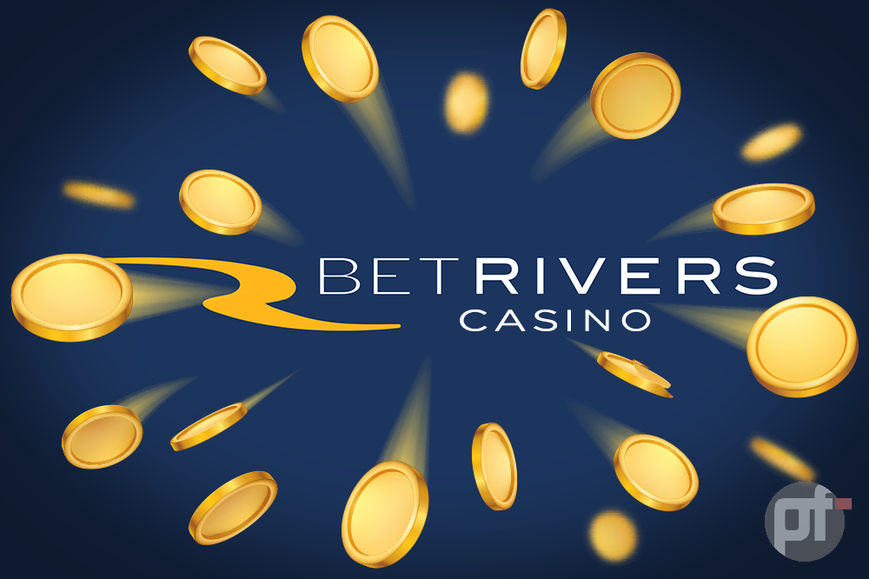 BetRivers Casino logo is seen on a dark blue background with gold coins flying out from it. Why is BetRivers' Casino Welcome Bonus the Best in the US?