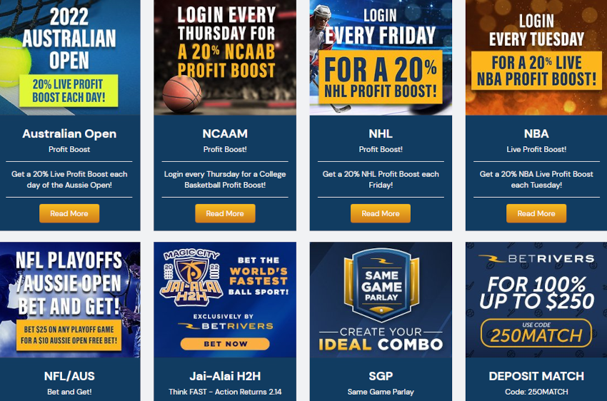 Screenshot of BetRivers sports betting platform promotional deals including profit boosts on upcoming NHL, NBA, NCAA, NFL games and the Australian Open. Also highlights current $250 deposit match boost for new users.
