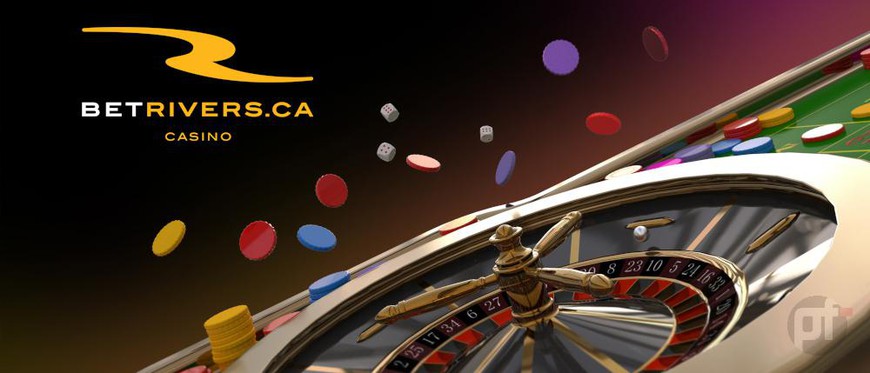 A CGI roulette wheel is seen on an angle in the bottom right corner while casino chips fly through the air above it. in the top left corner is the betrivers.ca casino logo.