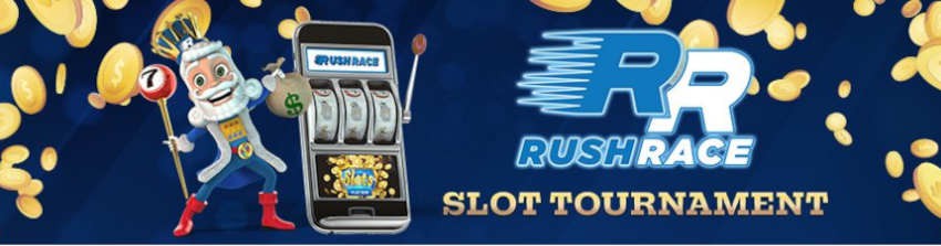 promo image for BetRivers Casino's RushRace Tournament promotion, featuring a cartoon knight smiling next to a slot machine. select casino players will have a chance to enter the daily tournament and have a shot at winning $50 bonus cash & other prizes