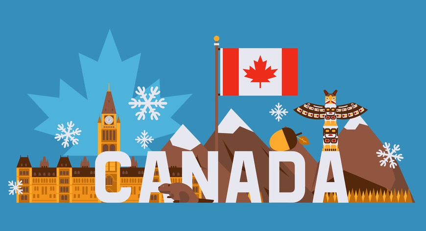 Illustration of the word CANADA surrounded by things that represent the country -- the capitol building in Ottawa, the Maple Leaf flag, a beaver, acorns, mountains, an Indigenous peoples' totem pole