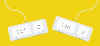 copy and paste computer buttons with a wire on a yellow background