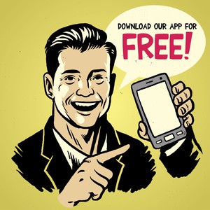 a retro-style illustration of a man holding a cell phone. a speech bubble by his head reads 
