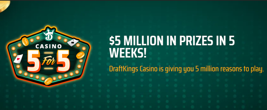 Promo image for DraftKings Casino 5 for 5 promo, promising $5,000,000 in prizes in 5 weeks, giving you 5 million reasons to play. $4 Million Still Up for Grabs in DraftKings Casino 5 for 5 Promo