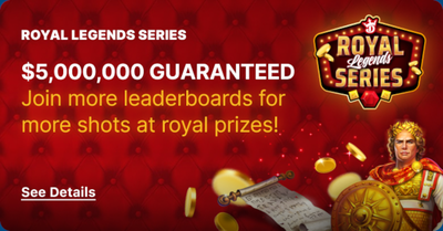 Promo image for DraftKings Casino's Royal Legends Promotion, promising $5,000,000 in total prizes including an actual gold crown, a 1960s Cadillac, 14k gold coins, gift cards, vacations, & much more.