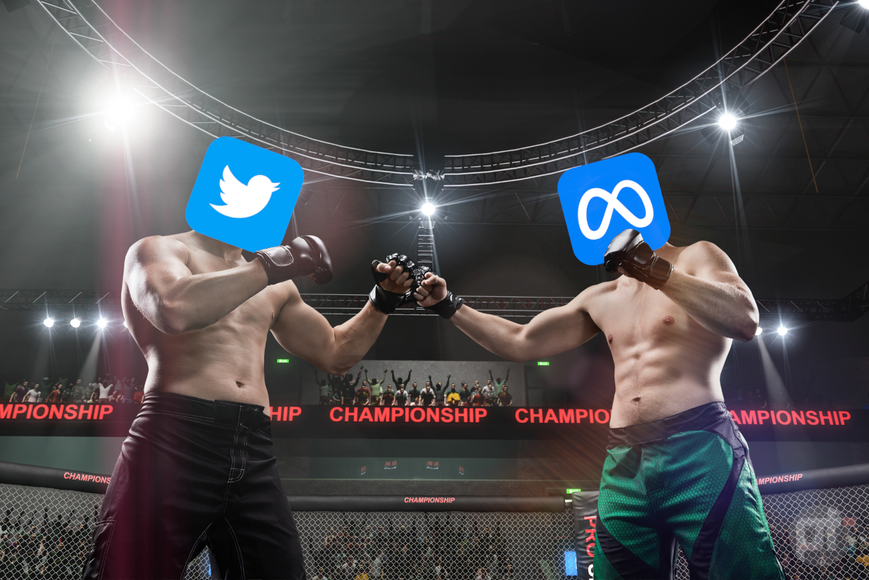 Composite Photo Illustration of Elon Musk's Twitter and Mark Zuckerberg's Meta facing off in a cage match.