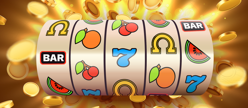 Vector 3D rendering of slot machine wheels with gold coins flying around it, representing hitting the jackpot at an online casino. These 4 welcome bonuses are so good you'll feel like you just hit the jackpot.