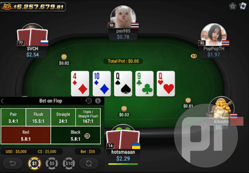 Screenshot of poker table on GGPoker platform. In the bottom left corner is a pop-up window with the new side bet in-game real cash option, Bet on Flop, where users wager on what cards will be in the flop.
