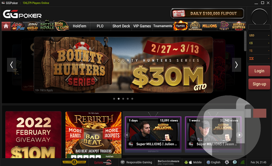 Screenshot of the GGPoker website, displaying a western-themed ad for the 2022 Bounty Hunter Series running 2/27-3/13 and guaranteeing $30 million in prizes, spread across 435 tournaments.