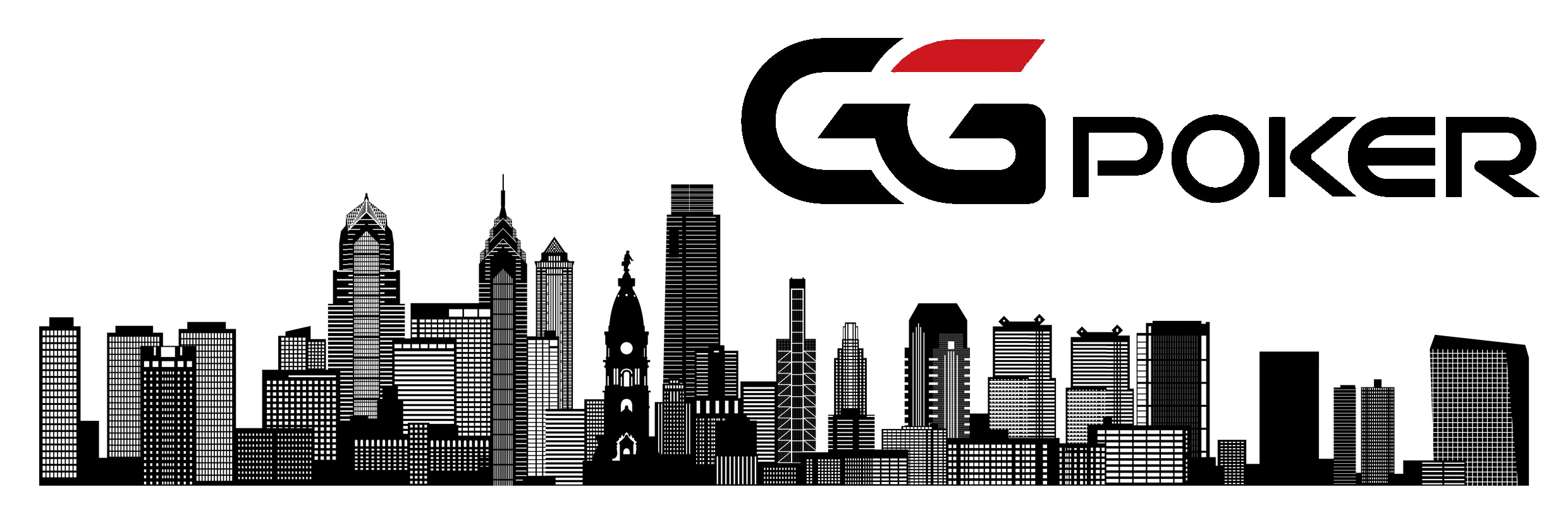 GGPoker Logo is seen over a graphic depiction of the Philadelphia Skyline