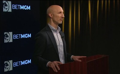 BetMGM CEO Adam Greenblatt is seen at BetMGM's Investor Day 2022, where he and other execs went over financials and looked ahead at the future of the company, which includes reduced efforts in NY and possible CA sports betting.