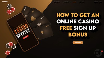 Online casino, black and gold banner with smartphone with online casino free signup bonus offer, playing cards and poker chips. 