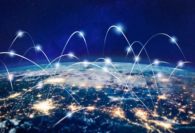 Global communication technology and telecommunication financial network around planet Earth. NASA image of the earth with illustration of a network connecting different jurisdictions.