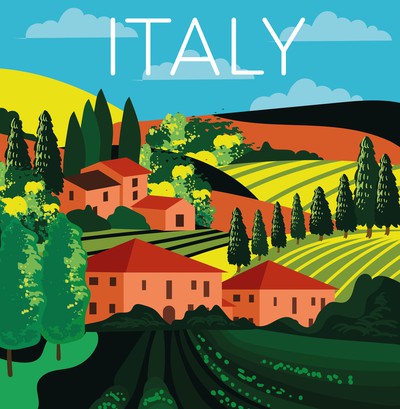 Vintage postcard-style illustration of an Italian landscape with rolling hills, houses, and trees. Across the top, text reads "ITALY". 888 Debuts Responsible Gaming Control Centre in Italian Market