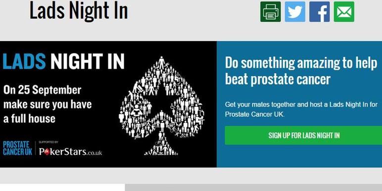 In support of Prostate Cancer UK, PokerStars is running a charity promotion called “Lads Night In.” The event on September 25 plans to raise money by encouraging players to organize home games and donate the prize pool to charity. Players who register for the event at the Lads Night In website will all receive a special gift pack including PokerStars playing cards. In support of Prostate Cancer UK, PokerStars is running a charity promotion called “Lads Night In.” The event on September 25 plans to raise money by encouraging players to organize home games and donate the prize pool to charity. Players who register for the event at the Lads Night In website will all receive a special gift pack including PokerStars playing cards.