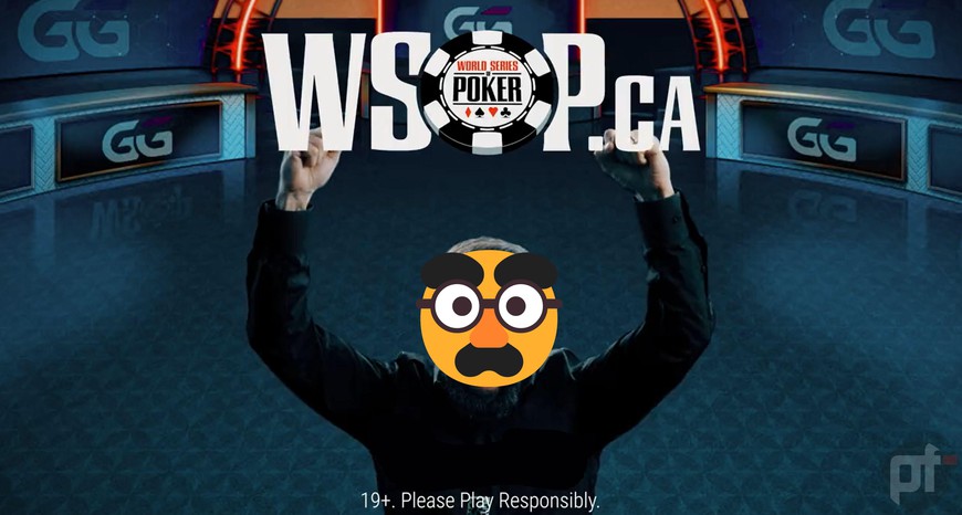 Iconic ad of Daniel Negreanu holding up WSOP.CA logo, but his head has been replaced by the incognito face emoji. Will Ontario's Celeb Ban in iGaming Ads Affect Online Poker? 🤷