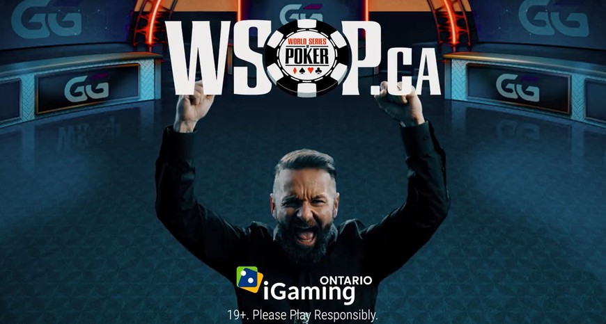 Daniel Negreanu, a handsome bearded man with dark brown hair, wearing a black jacket, yells while reaching both fists up in the air. The WSOP.CA logo is seen on the top of the image. On the bottom is a disclaimer encouraging responsible gaming.