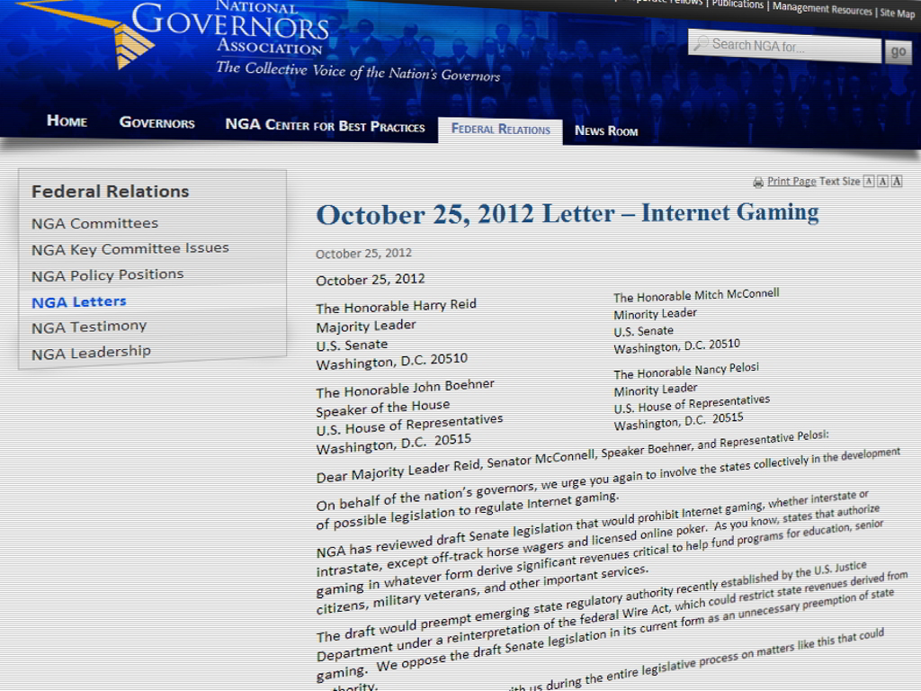 In a letter on Thursday, the National Governors Association (NGA) informed House and Senate leaders that they oppose the draft of Senate online gambling… In a letter on Thursday, the National Governors Association (NGA) informed House and Senate leaders that they oppose the draft of Senate online gambling…