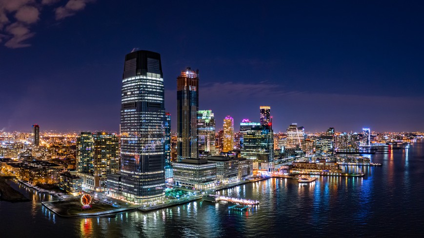 aerial view of Jersey City skyline seen at night