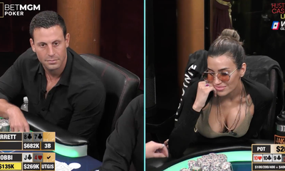 Garrett Adelstein leering at pretty, curvaceous Robbi Jade Lew, whom he accused of cheating at the Sept 29 Hustler Casino Live Poker event.