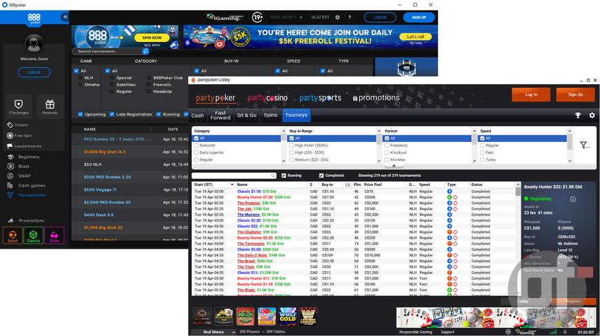 screenshots of 888poker Ontario & BetMGM Poker Ontario poker room lobbies, showing tournaments with big overlays as they fail to attract enough players to meet their guarantees, providing lots of extra value.