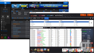 screenshots of 888poker Ontario & BetMGM Poker Ontario poker room lobbies, showing tournaments with big overlays as they fail to attract enough players to meet their guarantees, providing lots of extra value.