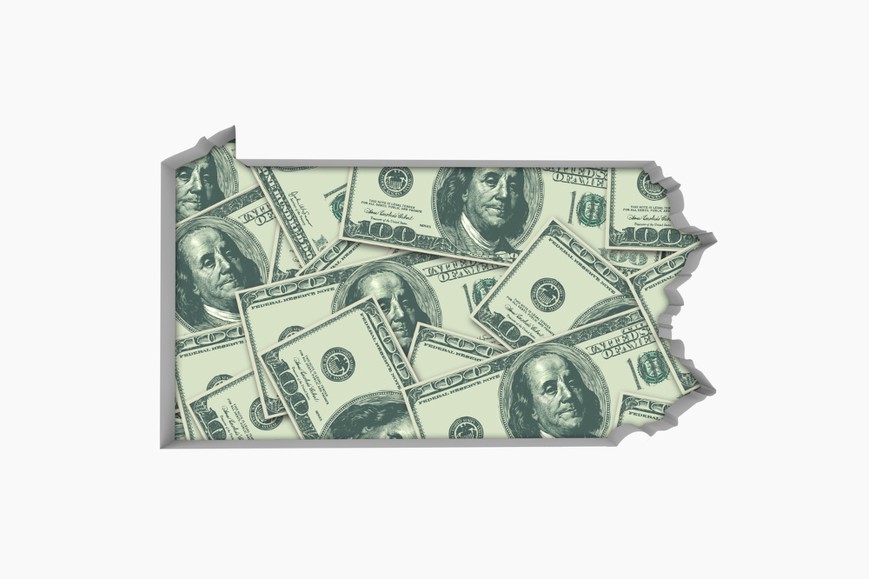 3D illustration of the shape of the state of Pennsylvania made up of 100 dollar bills on a white background. PA Online Poker Market Riding High on the Back of New Site Launches