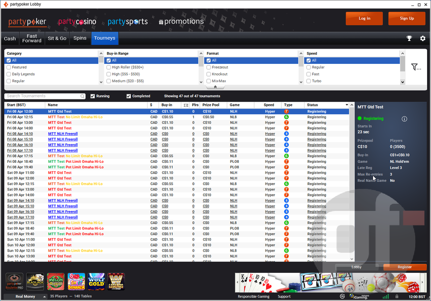 screenshot of partypoker ontario platform (which includes partycasino, partysports) can see a list of MTTs with buy-in amounts in CAD and other info. there are tabs on the top to its casino and sports sites as well as a partypoker ontario promotions tab.