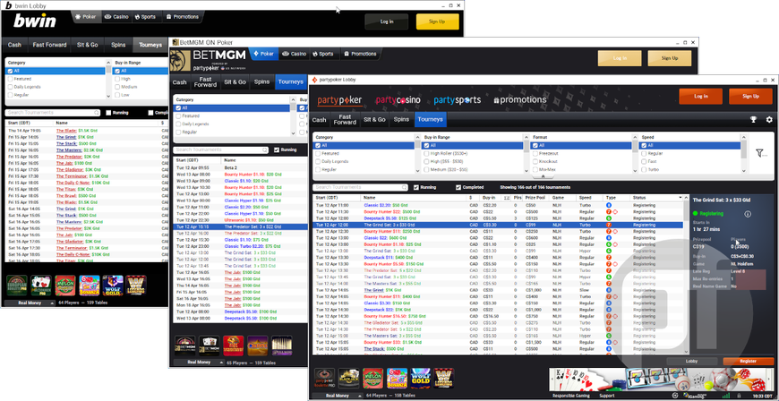 layered screenshots of the bwin ontario poker room, betmgm poker ontario platform, and partypoker platform. partypoker & bwin Just Launched Ontario Online Poker, Joining BetMGM for Three-Skin Network