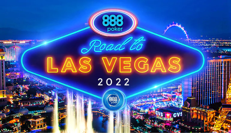 promo image for 888poker's road to vegas, featuring a neon sign and the las vegas strip in the background.
